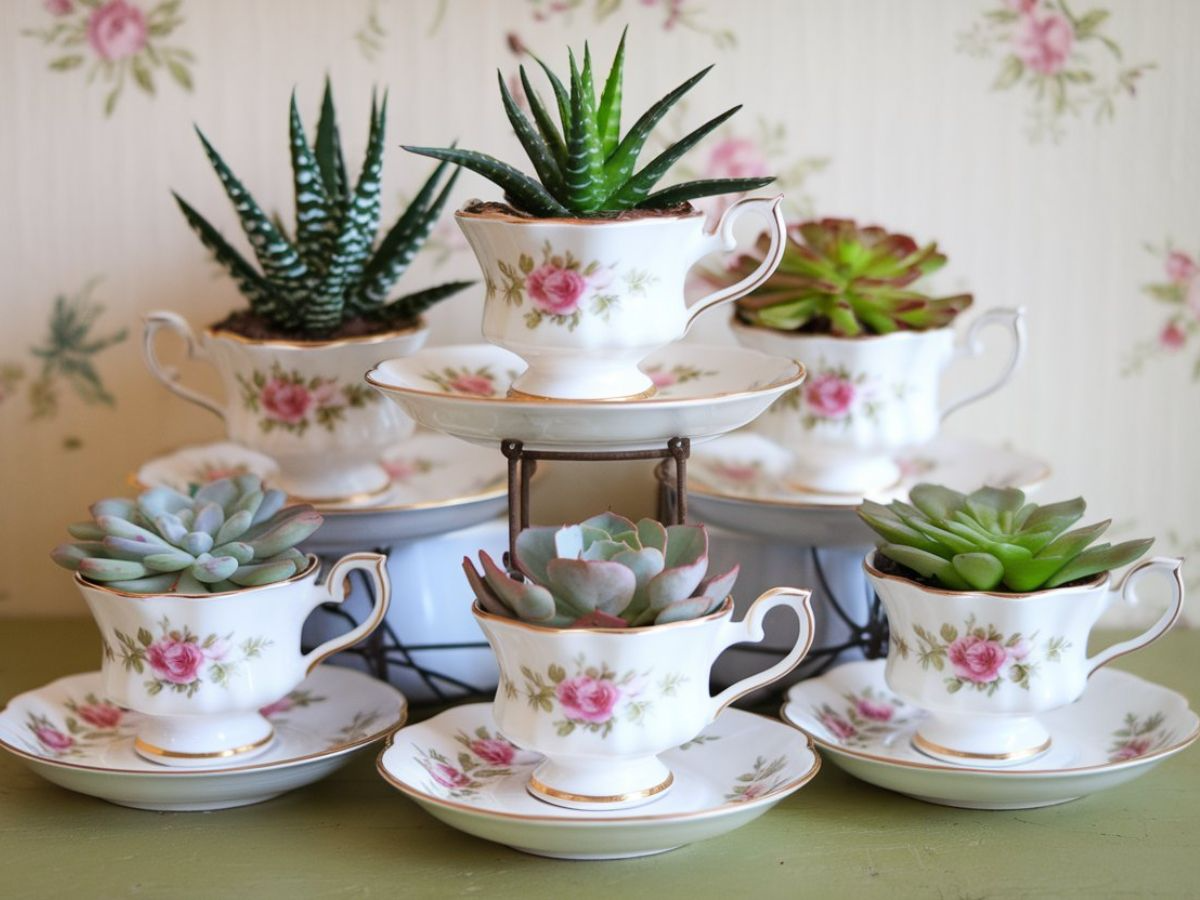 A beautiful tiered display of vintage floral teacups repurposed as succulent planters. Each teacup holds a different type of succulent, adding a touch of greenery to a charming French country-style setting with a floral wallpaper background.