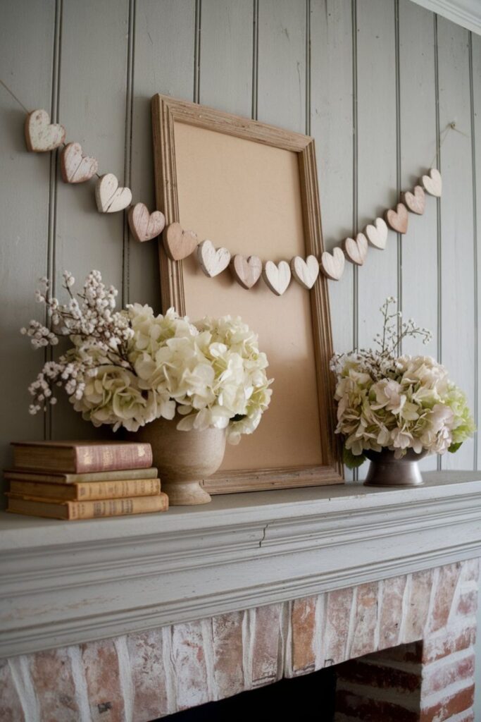 Rustic Valentine’s Day mantel featuring a heart-shaped garland, vintage books, and floral arrangements with hydrangeas, perfect for DIY decor inspiration.
