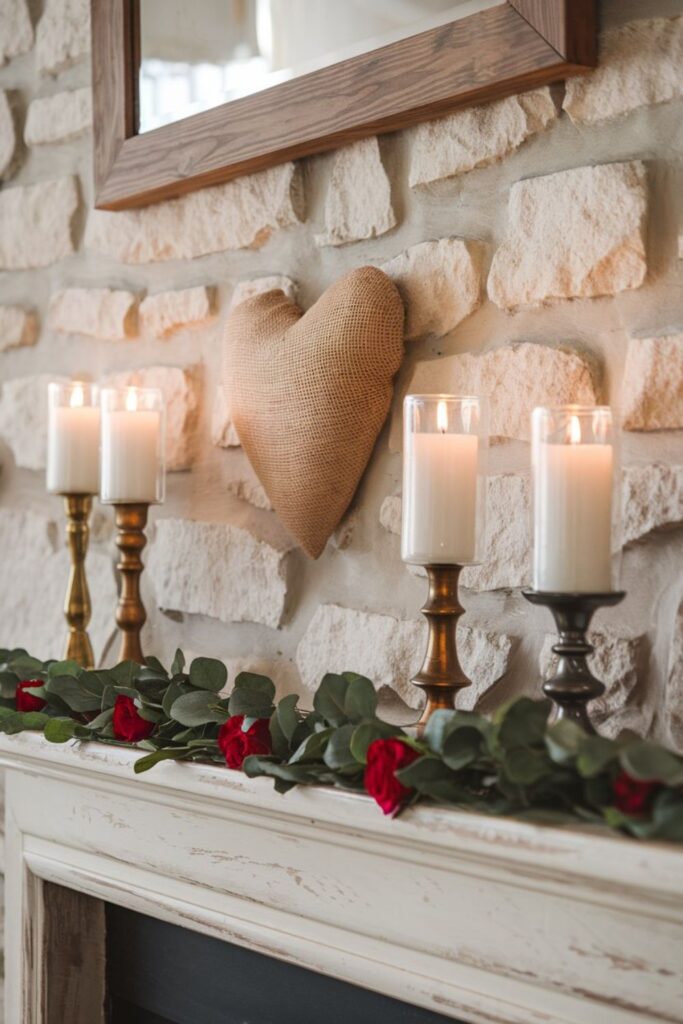 Stone fireplace adorned with a garland of red roses, eucalyptus, and brass candlesticks for an elegant Valentine’s Day display.