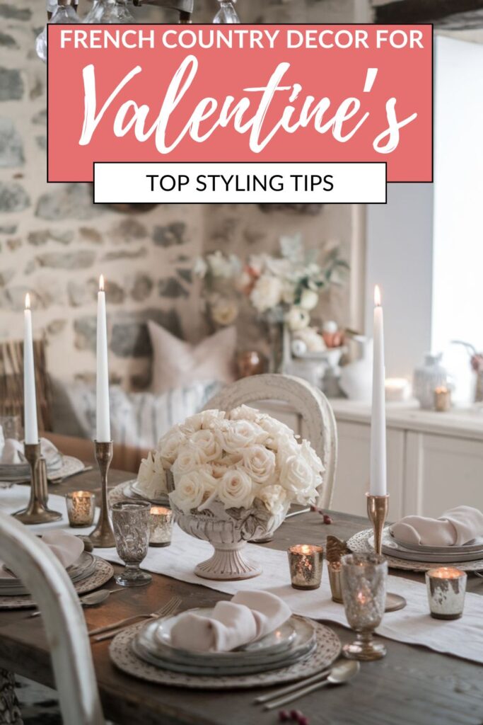 A beautifully styled dining table with soft white roses in an elegant urn centerpiece, brass candlesticks, and delicate tableware, ideal for French country Valentine's decor.
