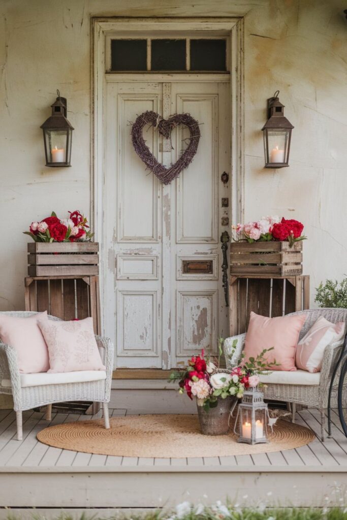 A charming Valentine-themed porch with a wicker loveseat, pastel pillows, and a heart-shaped wreath on a weathered wooden door, accented by red and pink floral arrangements.