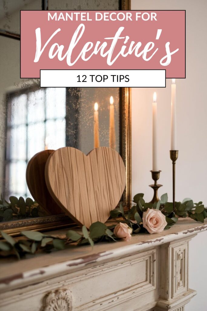 Neutral Valentine’s mantel decor with a framed burlap heart, brass candlesticks, and greenery for a minimalistic yet romantic touch.
