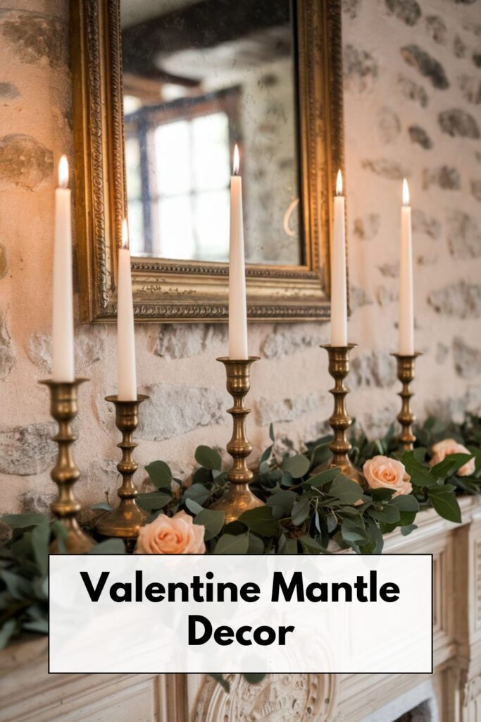 Valentine’s mantel styled with roses, eucalyptus greenery, and tapered candles in vintage brass holders, offering a timeless and romantic look.