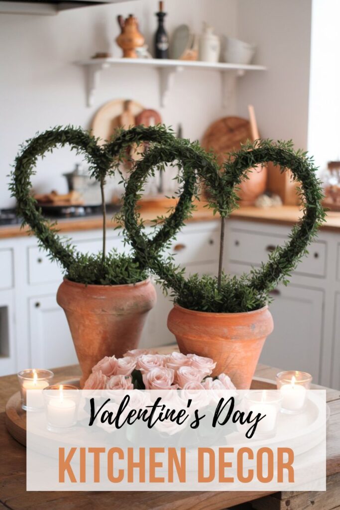 Two heart-shaped greenery topiaries in terracotta pots, surrounded by soft pink roses and votive candles, providing a charming Valentine's Day touch to a rustic kitchen.