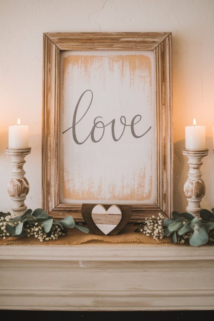 Farmhouse-style Valentine’s mantel decor with wooden candleholders, eucalyptus sprigs, and a framed sign with the word 'love,' creating a charming and rustic aesthetic.
