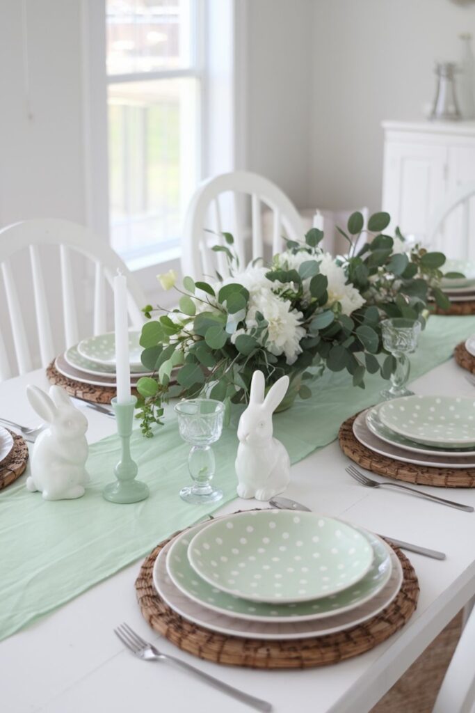 A fresh and minimalistic Easter table with white and green tones, featuring polka-dot dinnerware, white ceramic bunny figurines, and eucalyptus greenery. Woven chargers and soft candlelight create a simple yet chic French country aesthetic.