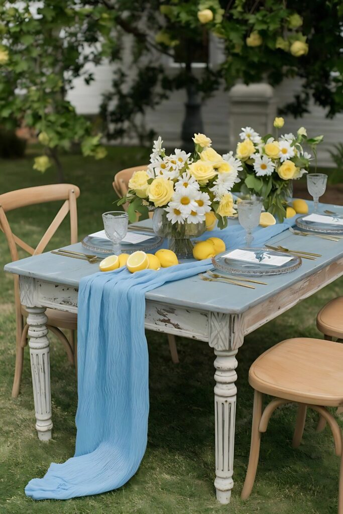  charming outdoor Easter table decorated with bright yellow lemons and fresh white daisies, paired with a flowing blue table runner. Rustic wooden chairs and gold-rimmed plates complete the French country garden aesthetic.